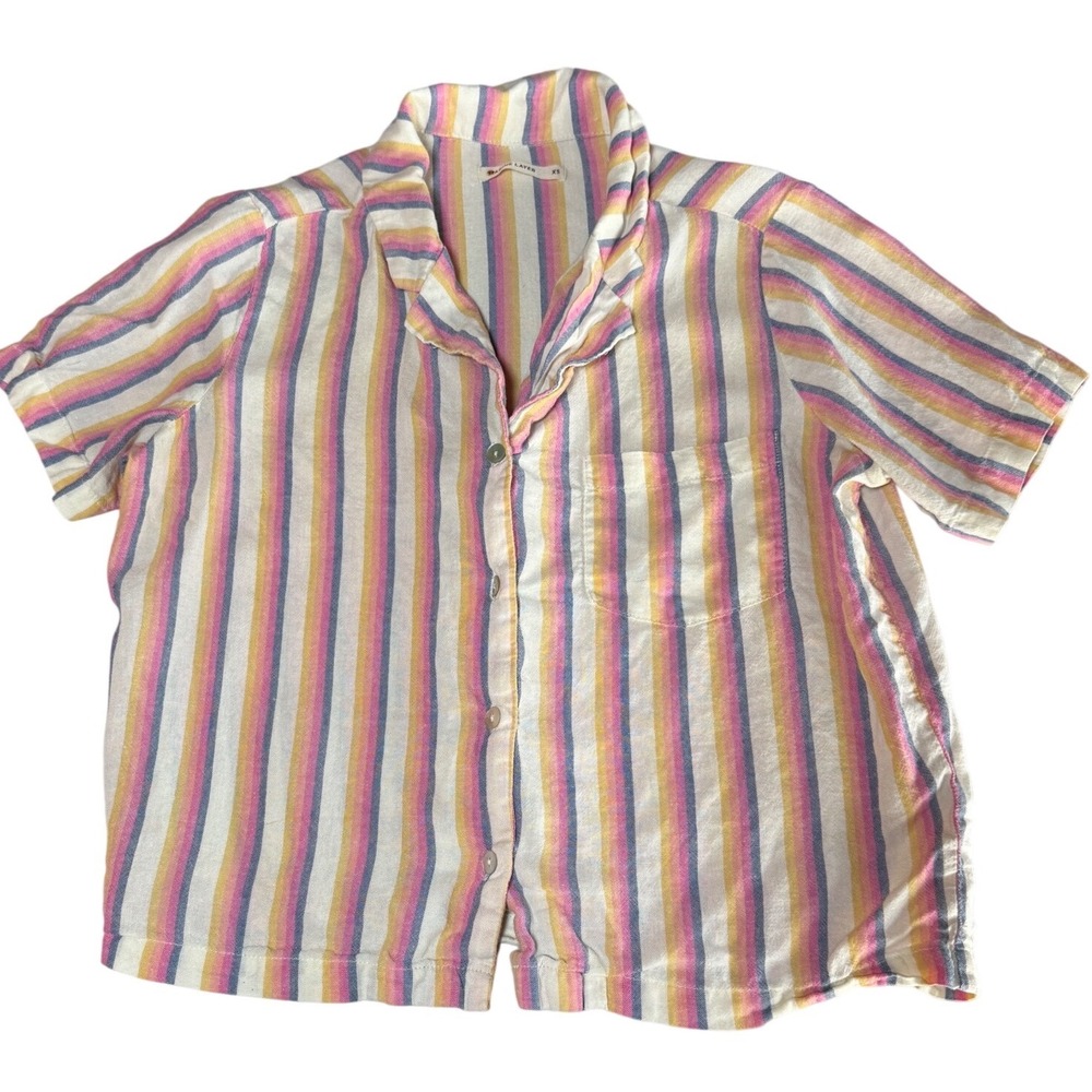 Marine‎ Layer Doze Pajama Shirt Women XS Multicolor Striped Tencel Linen Summer